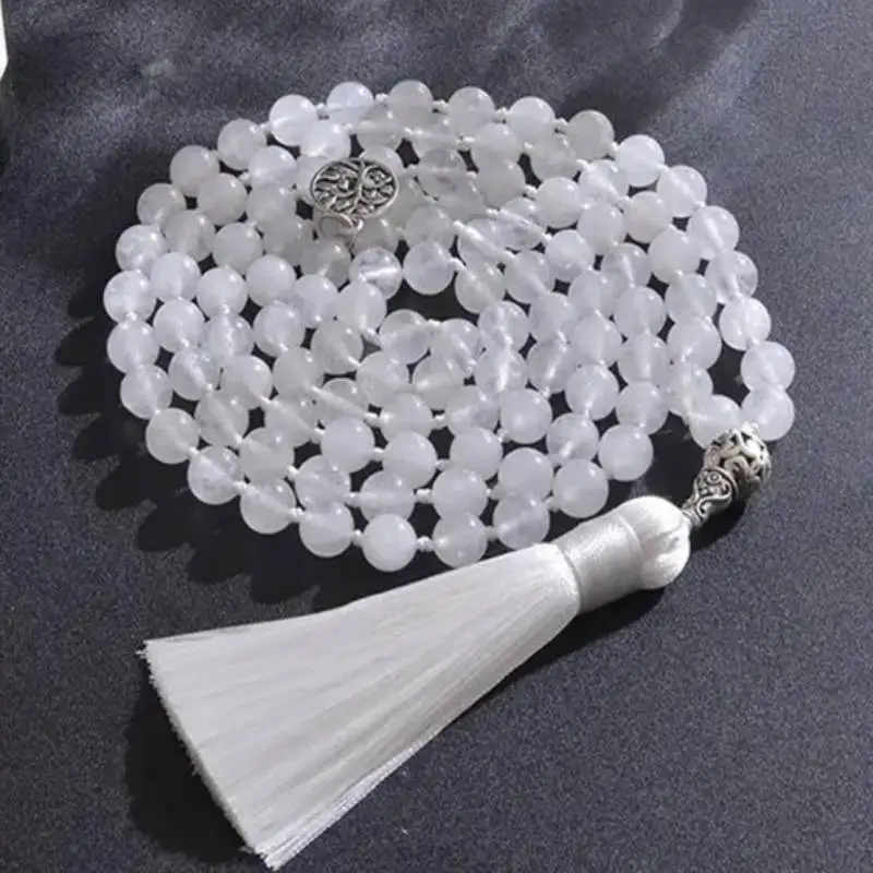 

Natural Clear Quartz 108 Beads Mala Necklace with Silver Accent & White Tassel Spiritual Meditation Jewelry