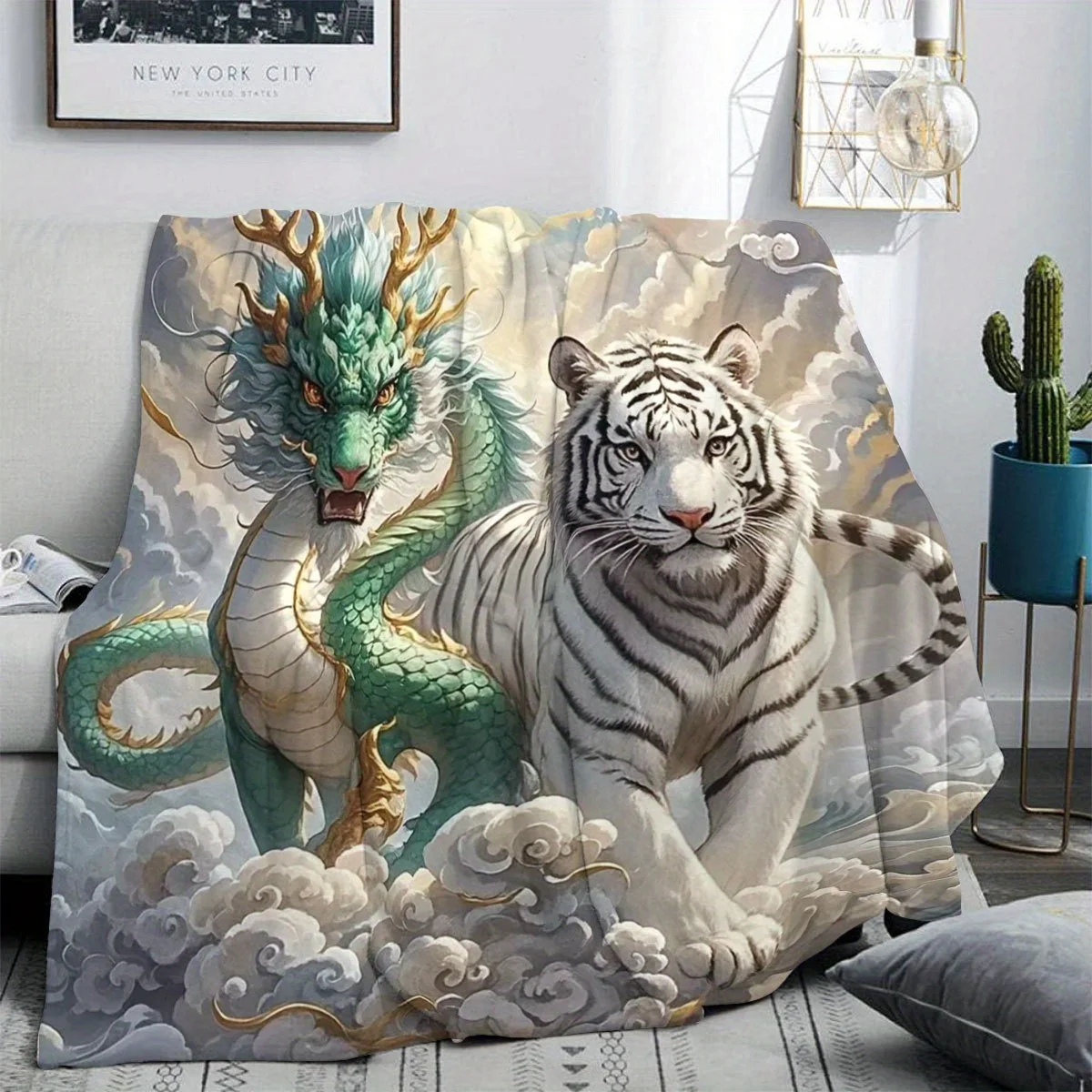 1pc Dragon and White Tiger Mythical Creature Mythical Creature Super Soft HD Polyester Printed Blanket for Home, Office, and Out