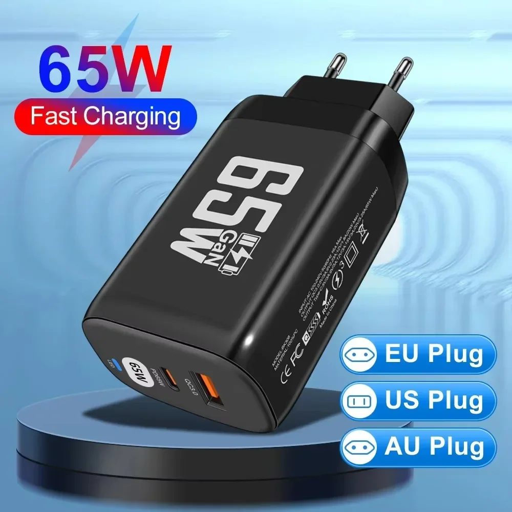 65W PD Fast Wall Charger Phone Adapter USB Type C GaN Universal Charging Plug for iPhone 14 15 16 Xiaomi Huawei EU US KR Plug