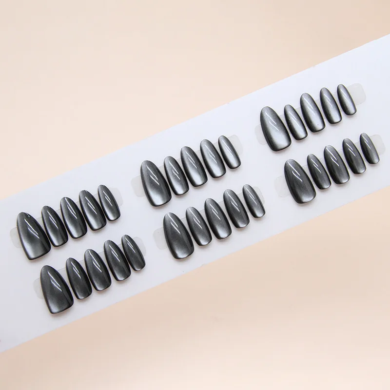 30pcs Medium Almond Press-On Nails - Black Cat Eye French With Cosmic Glitter Edgy Yet Sweet (Multi-Size Fit)