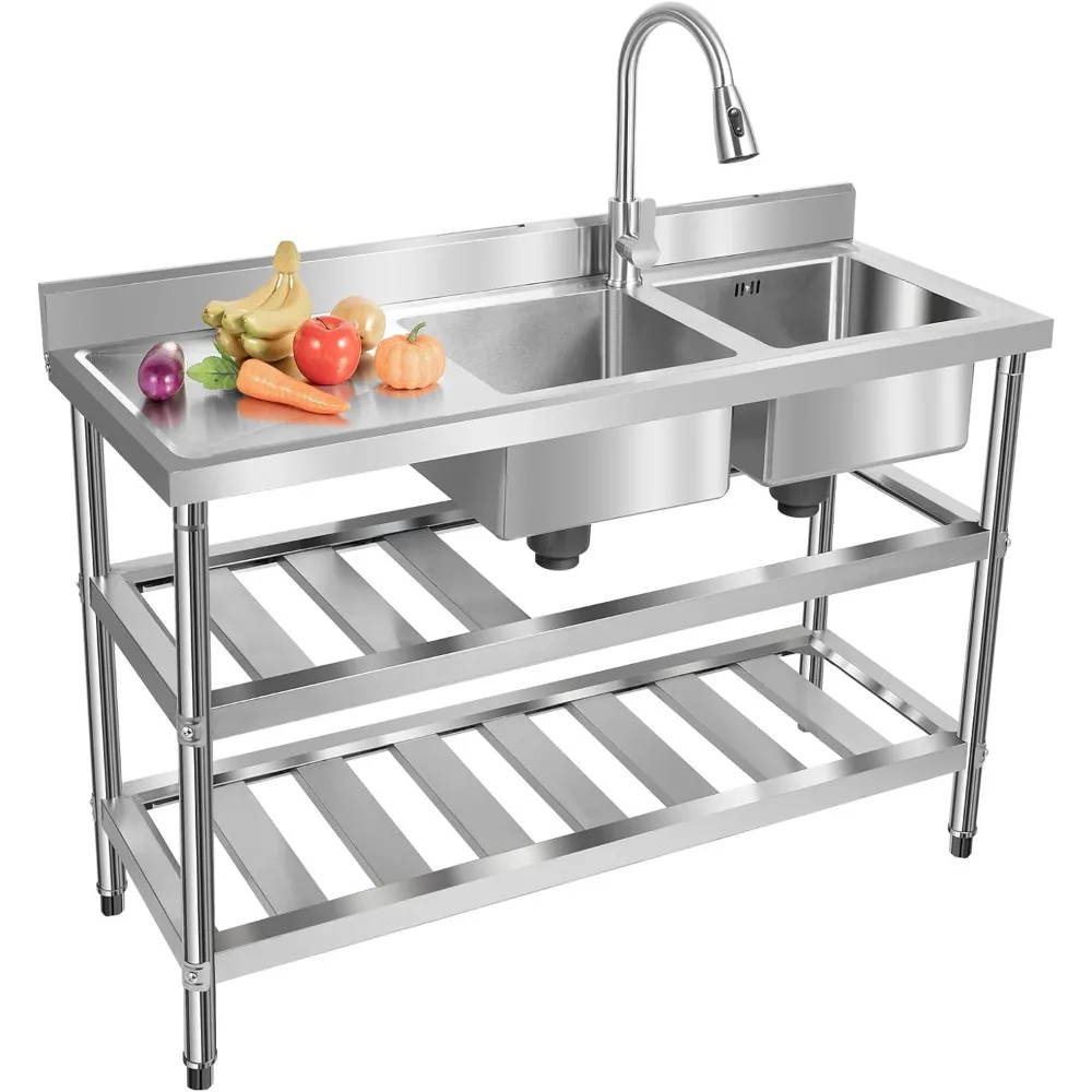 Stainless-Steel Double Bowl Sink Set W/Faucet& Storage Shelves, Commercial Restaurant Sink, 201 Stainless Steel Utility Sink