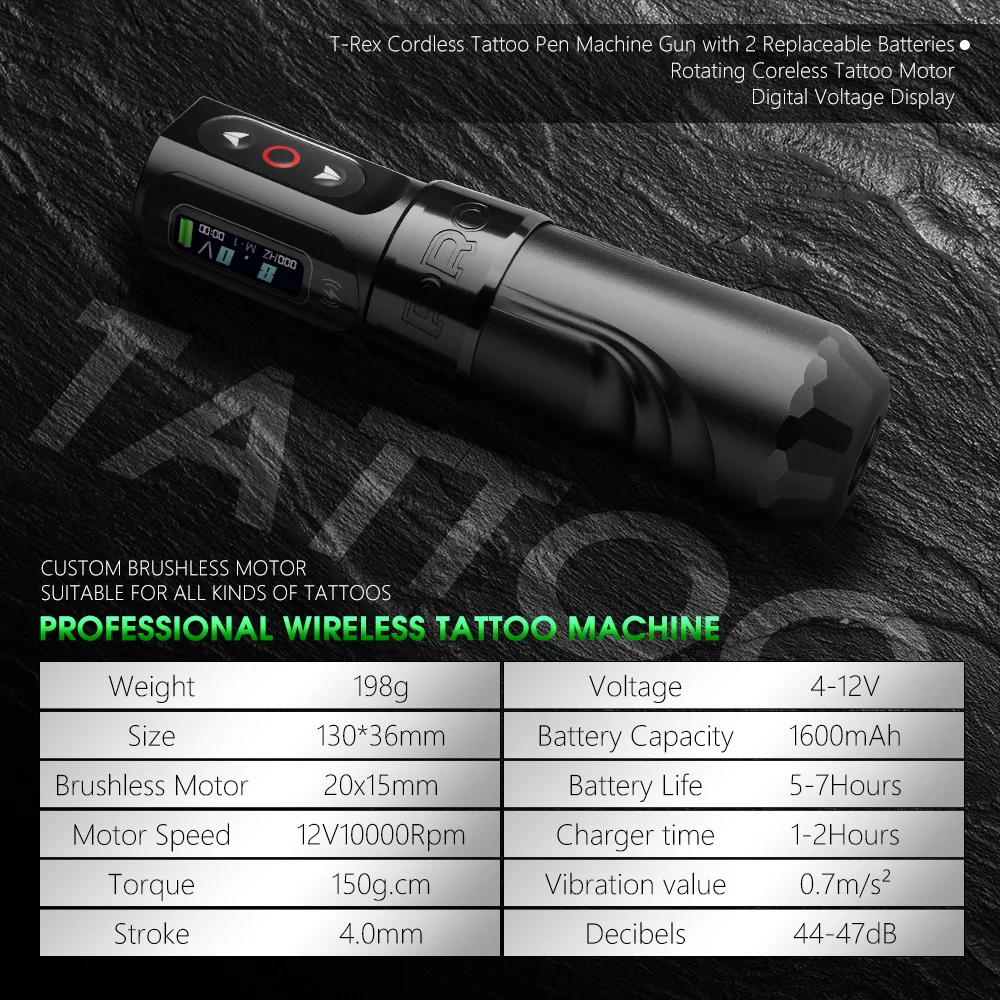 T-Rex Wireless Tattoo Machine Rotary Pen Coreless Motor 4.0mm Travel with Two 1600mAh Batteries Suitable for Tattoo Artists