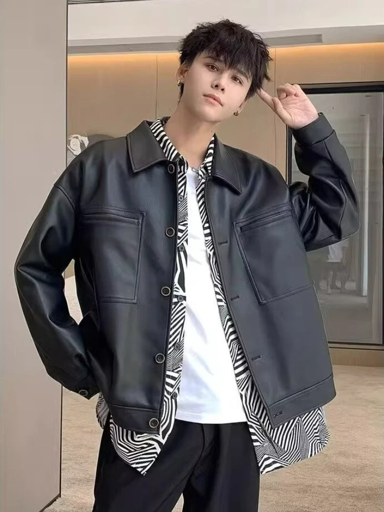 

Trendy Men's Retro Motorcycle Jacket Lightweight PU Leather with Snap Buttons High Collar Design​