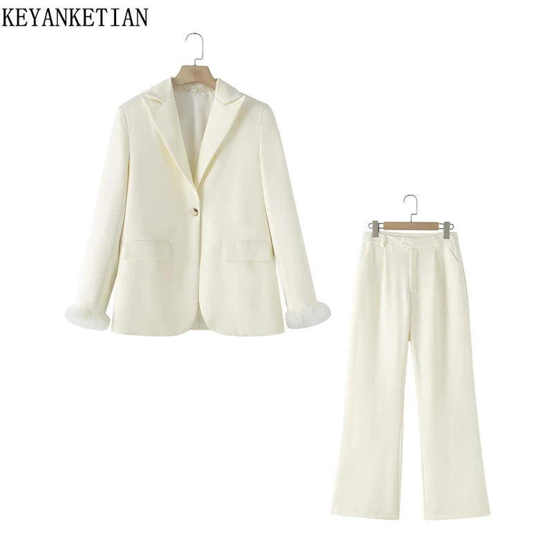 

KEYANKETIAN 2024 Autumn New Feathers Decoration Suit Coat Zipper High-waisted Straight Leg Pants Women Fashion Two Pieces Sets