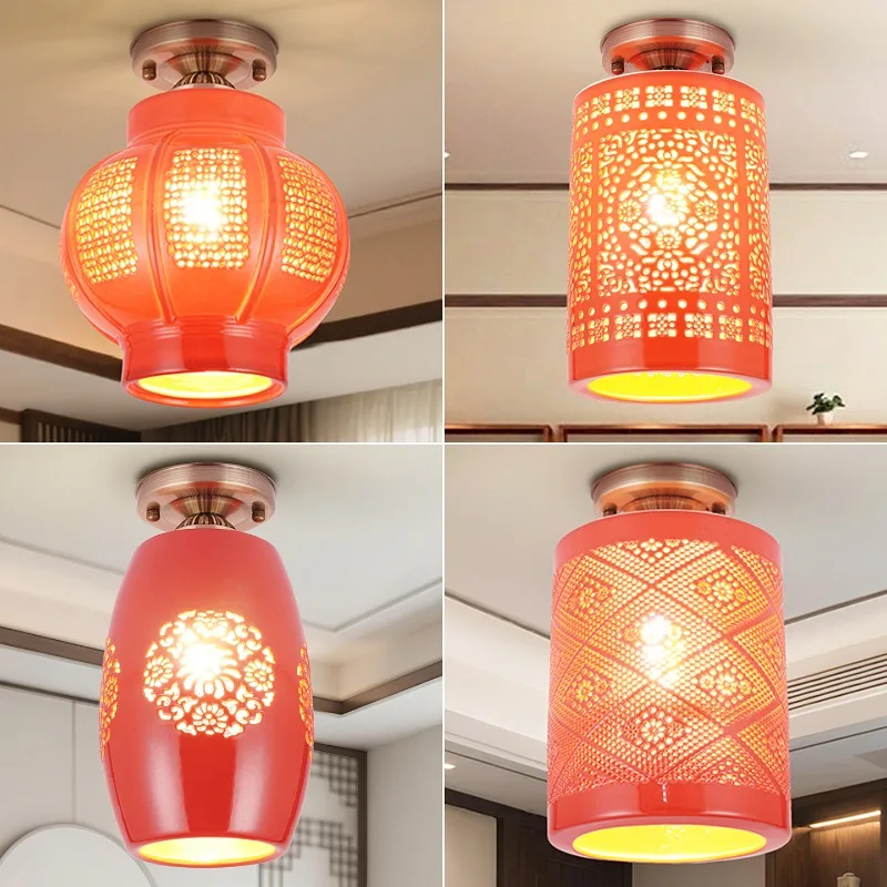 Chinese-style Hollowed-out Ceramic Lampshade for Pendant Lamp Bedroom Living Room Lights Atmosphere Room Decoration Lamps E27