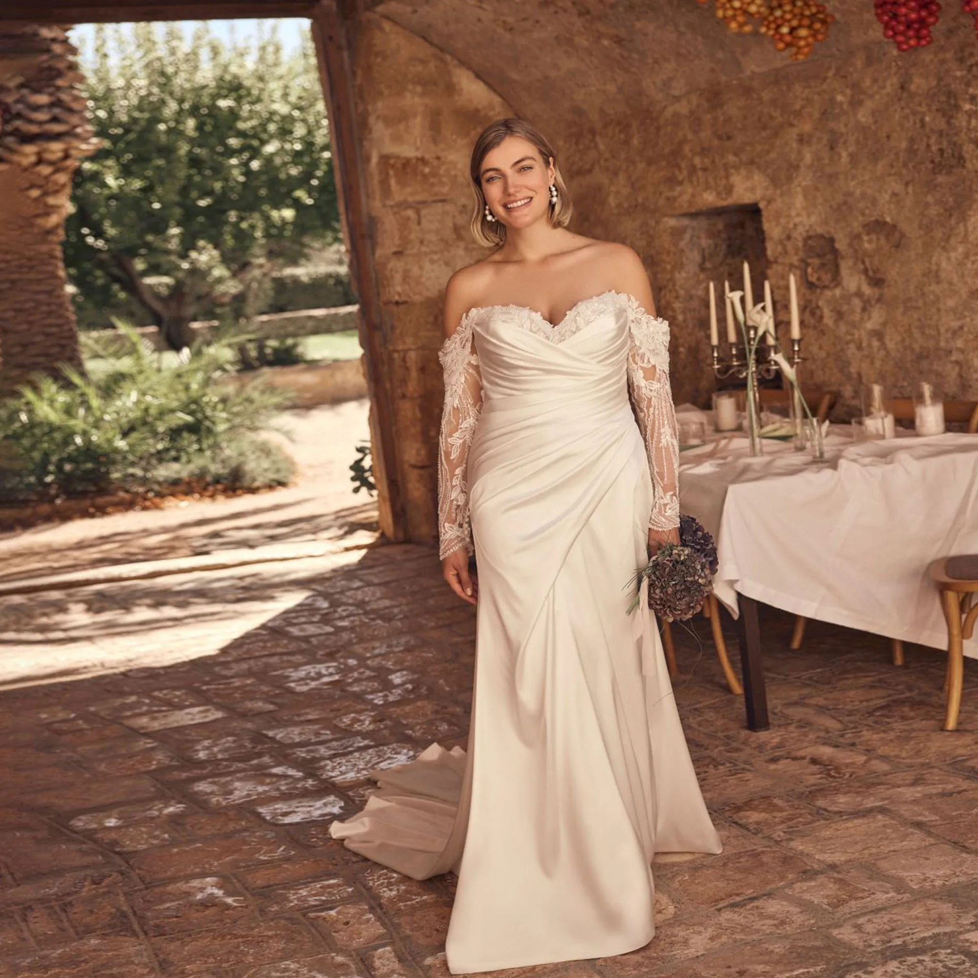 Vestidos de novia de satén de talla grande, con escote corazón, hombros descubiertos, lujosos, estilo sirena, manga larga, vestidos de novia corte sirena