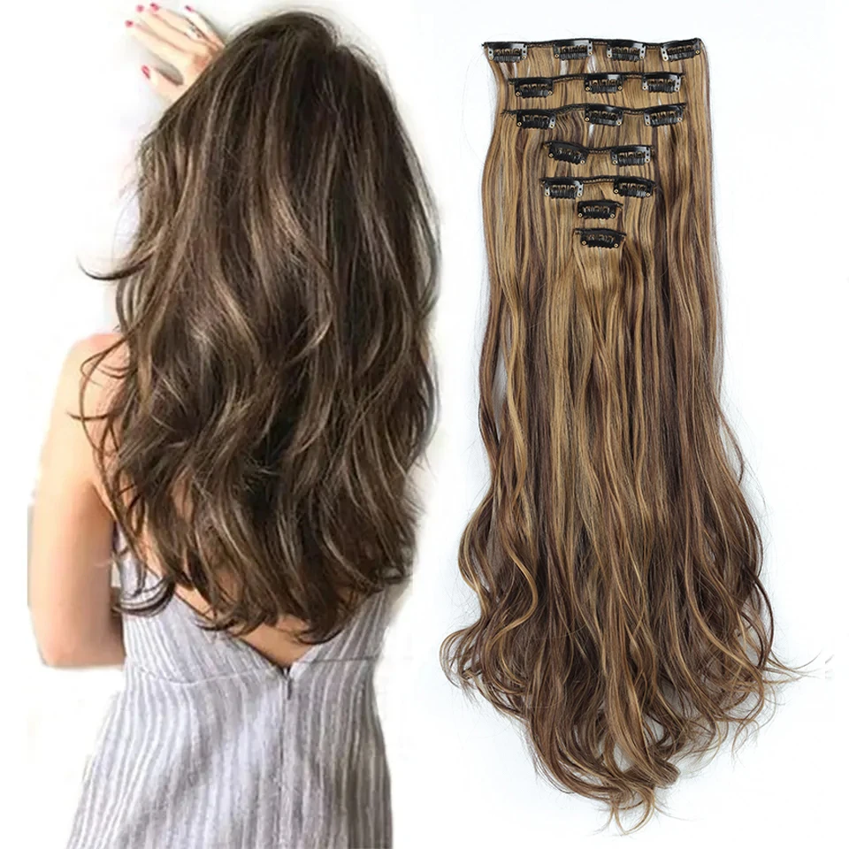 Grampo sintético da cor do inclinação em extensões do cabelo para mulheres, hairpiece encaracolado ondulado longo, extensão grossa do cabelo