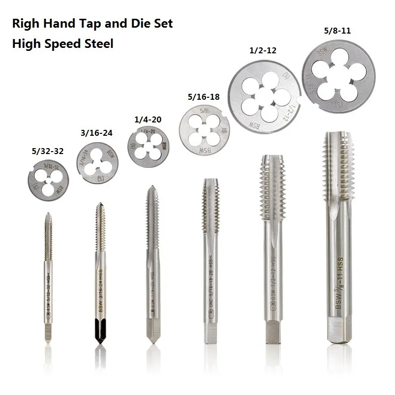  Thread Tap And Round Die Set HSS Screw Tap BSW 5/32-32 3/16-24 1/4-20 5/16-18 1/2-12 5/8-11 Plug Tap Hand Tools 2pcs