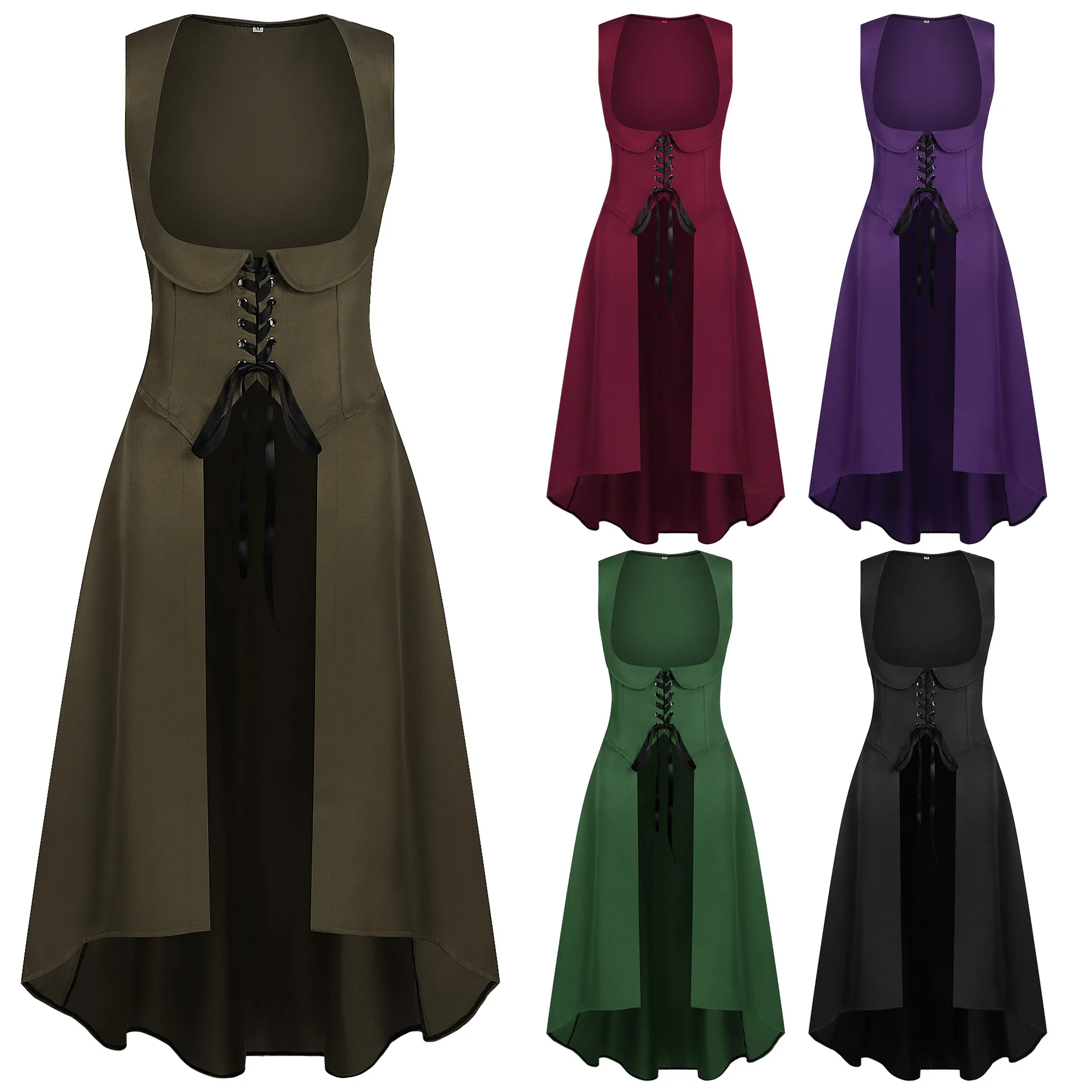 Средневековое женское платье-жилет на шнуровке в стиле Ренессанс, платье с неровным подолом, без рукавов, с U-образным вырезом, готический пиратский костюм для косплея Средневековое женское платье-жилет на шнуровке в стиле Ренессанс, платье с неровным подолом, без рукавов, с U-образным вырезом, готический пиратский костюм для косплея