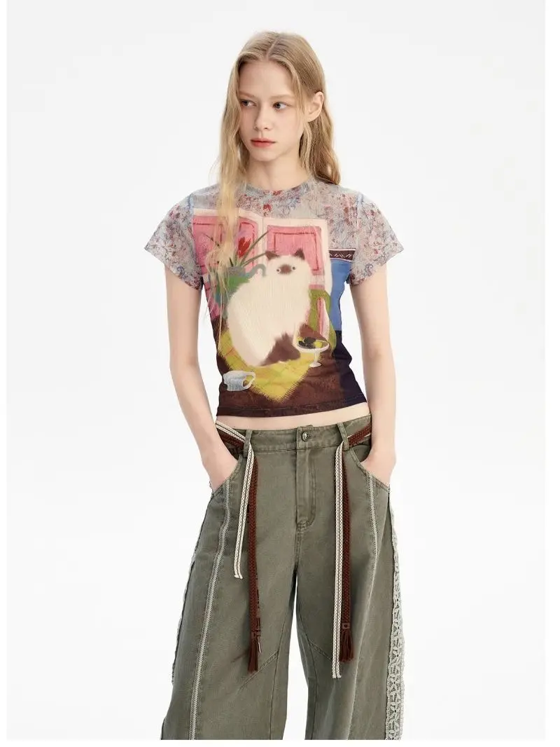 Américain rétro chat imprimé hauts T-shirt femmes mignon T-shirt à manches courtes mince coréen légèrement Transparent maille mince Ins hauts courts