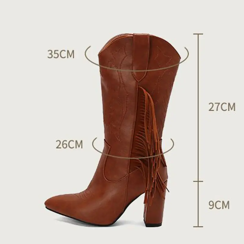 

ORCHA LISA Fashion Women's Mid Calf Knight Cowboy Boots Round Toe 9cm High Heel Zipper Fringe Plus Size 46-48 Vintage Western