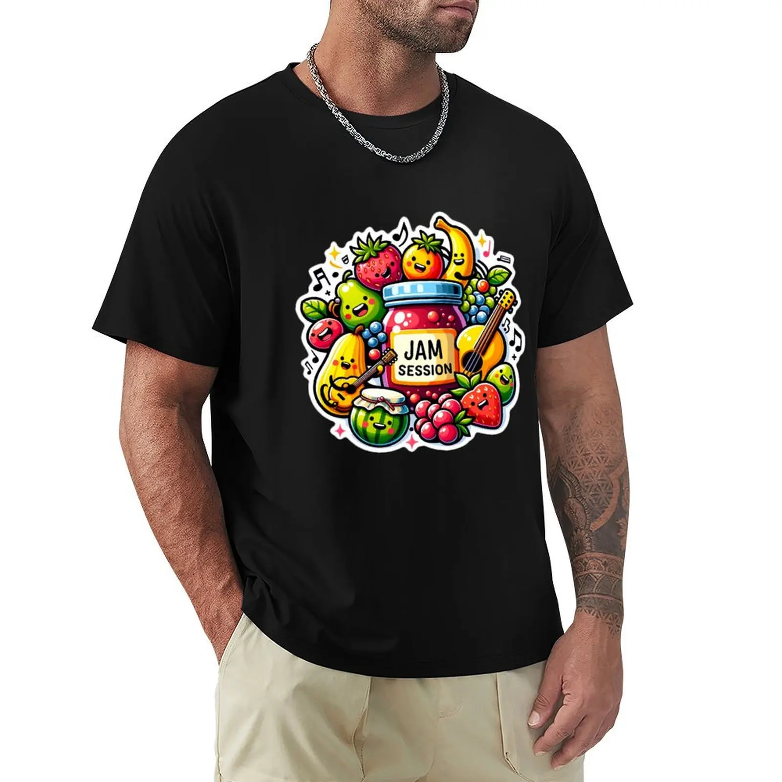 Fruity Jam Session Musical Playful Decal Sticker T-Shirt Basic Solid Color Short Sleeve Cotton Top