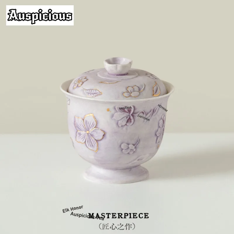 ZAEYORIA 120ml Elegant Gold Drawing Camellia Purple Gaiwan Tea Tureen Tea Bowl With Lid Kit Tea Maker Cover Bowl Drinkware Gift