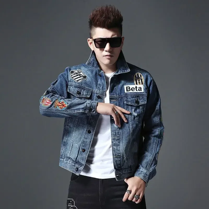 Autumn and winter new denim jacket men's fashion brand personalized badge European station slim fit high-end