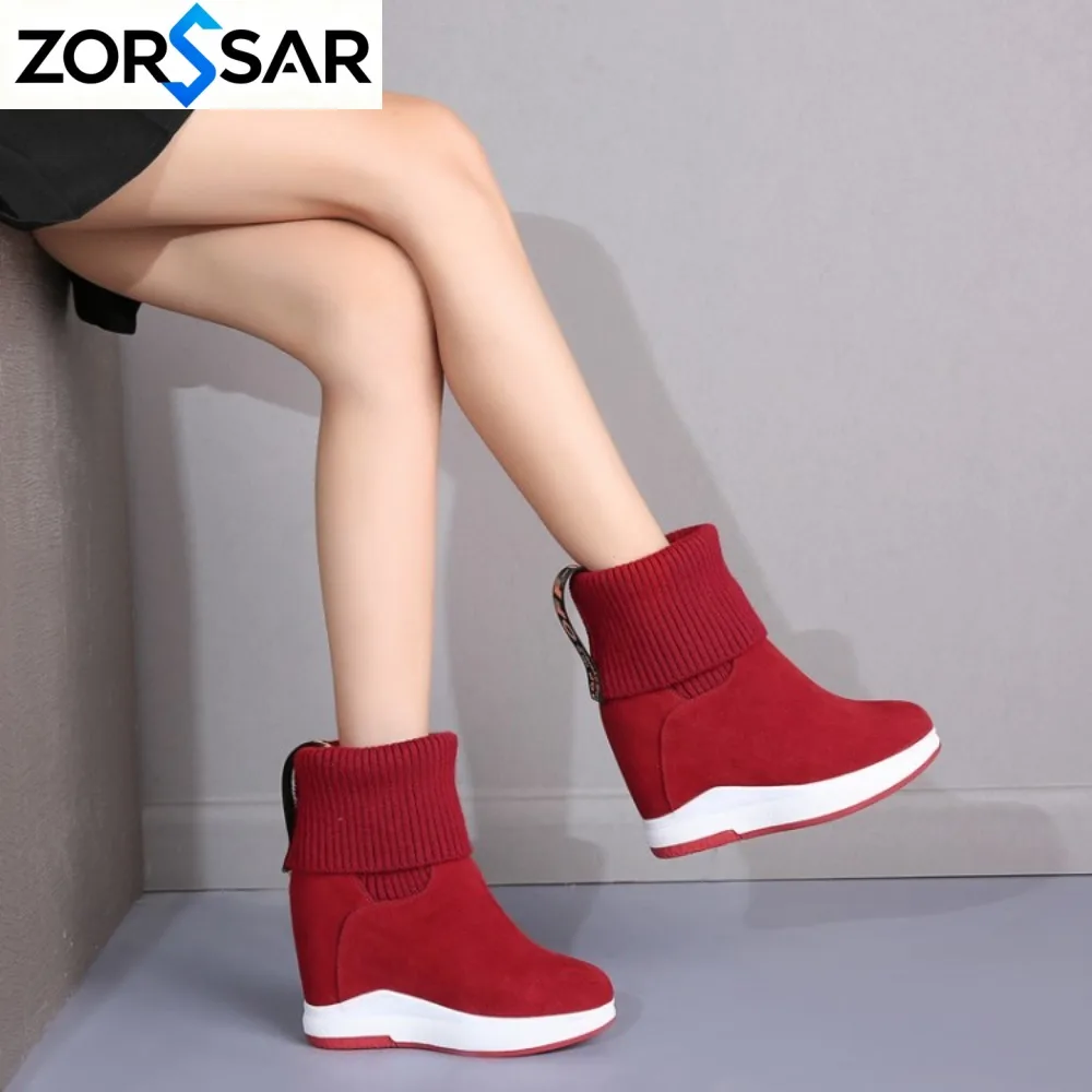 Women's Mid-Calf Boots Winter Knitting Wool Hidden Heel Woman Warm Winter Boots Fashion Platform Thick Sole Shoes Women Boot
