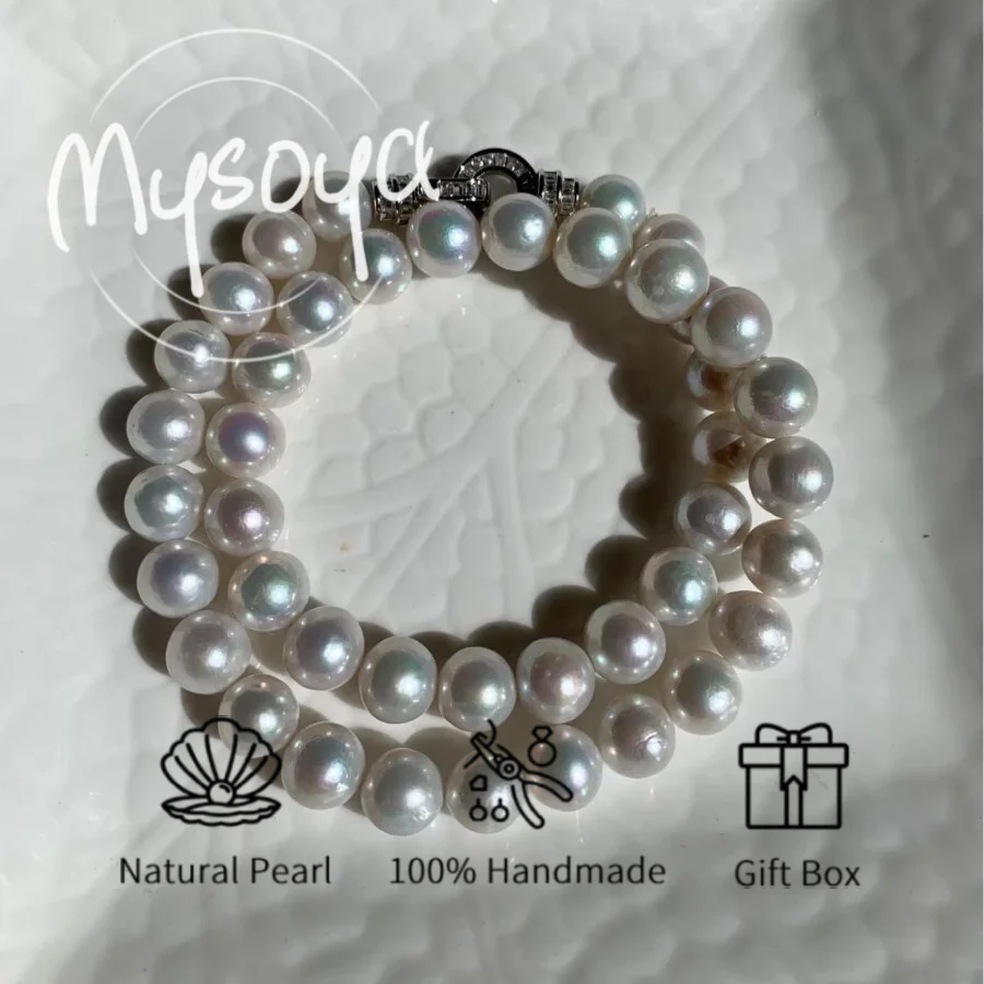 

MYSOYA 9-10mm Large Natural White Pearl Necklace For Women And Men With Gift Box Birthday Wedding Anniversary Jewelry Gift