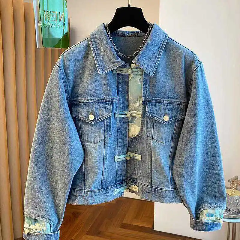 Women's Autumn Denim Jacket Casual Blue Jeans Jackets Loose Washed Vintage Long Sleeve Guofeng Buckle Cowboy Coat Female Outwear