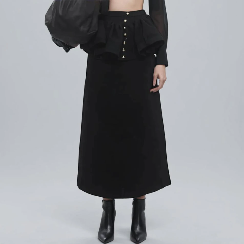 

2024 New Versatile Solid Color Summer Spliced Pleated Ruffled High Waisted Straight A-Line Skirt Long Skirt
