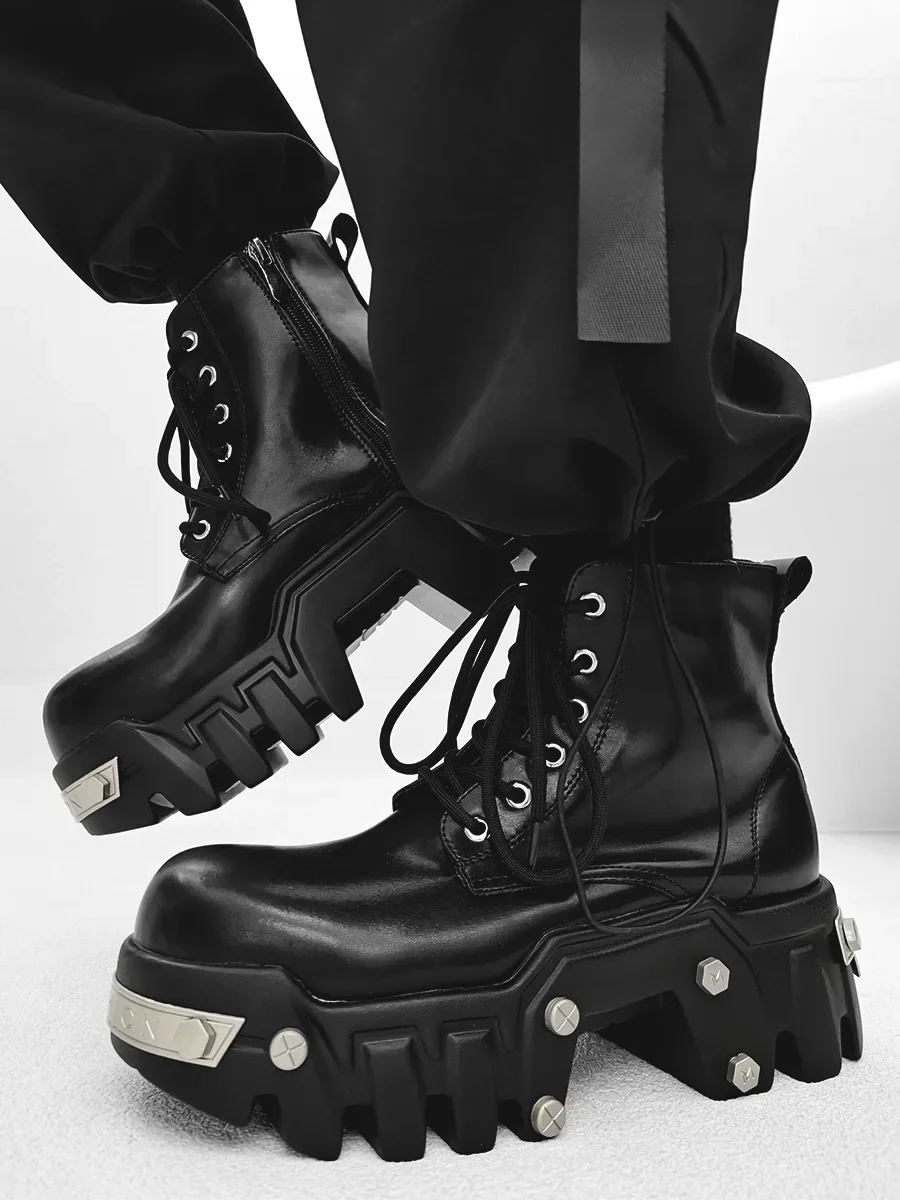 Paris bulldozer male niche punk style thick-soled gear heightened 8CM locomotive boots