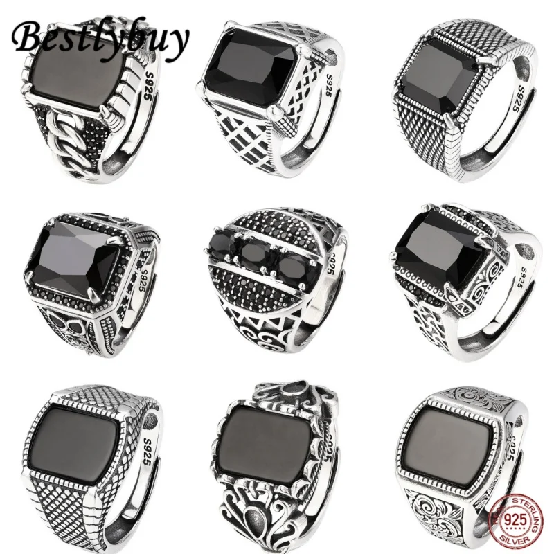 

Real Pure 925 Sterling Silver Mens totem Rings With Black Onyx Natural Stone Retro Flower Engraved Punk Rock Vintage Jewelry