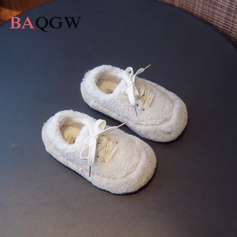 New Children's Casual Flats Shoes Toddler Shoes Girl Cute Furry Winter Warm Lace-up Anti-slippery Kids Walking Soft Bottom Shoes