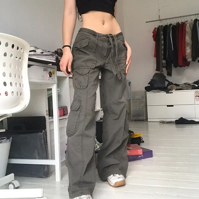 Denim Cargo Pants Women Washed Jeans Low Waist Multi Pockets Button Denims 2025 Autumn Female Trousers Streetwear