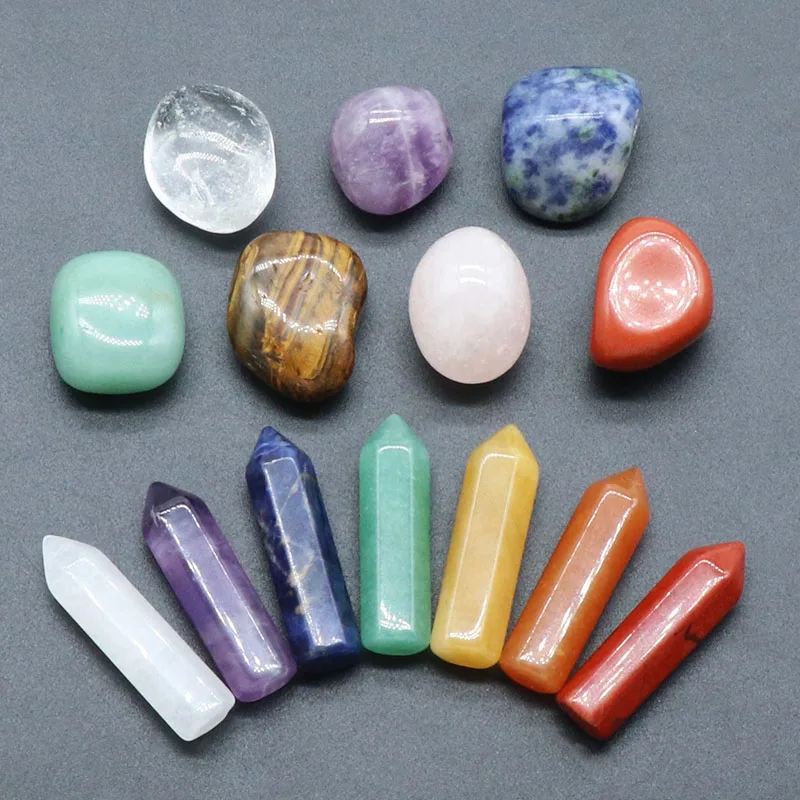 Natural Stone Chakra Bead Set Hexagonal Prism Crystal Quartz Mineral Ornaments Box Healing Gemstone Home Decorations 32x9mm