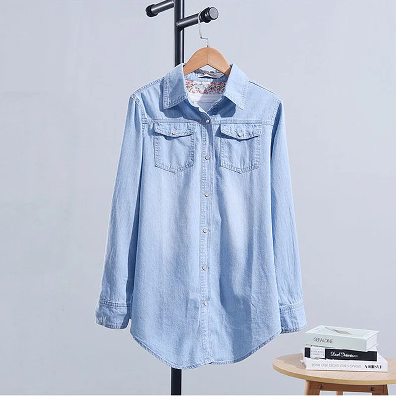 Casual Wash Blue Denim Shirts Women Basic Single-Breasted Jeans Blouses 2023 Spring Tops Loose Fashion Lapel Cowboy Blusas