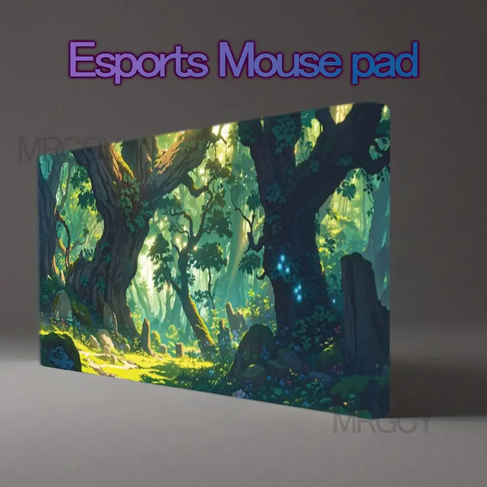 Mystical Ancient Forest Large Mouse Pad XXL Sunlight Rays Through Giant Mossy Trees Blue Glowing Fireflies Lush Green Undergrowt