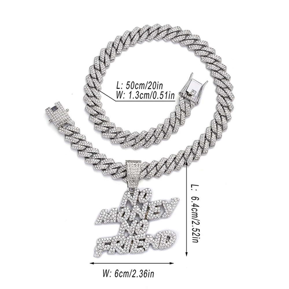 Men Women Hip Hop NO Money No Friend Pendant Necklace with 14mm Cuban Chain HipHop Iced Out Bling Necklaces Fashion Jewelry Gift