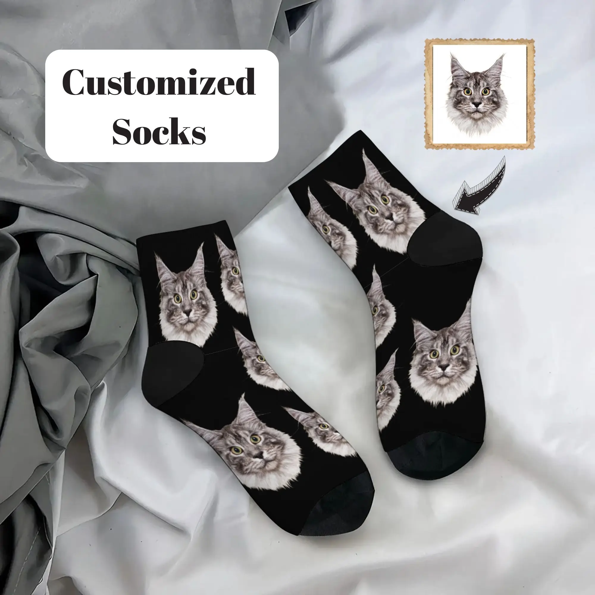 Chaussettes personnalisées avec impression de tête de chat Maine Coon, douces, confortables et durables, pour les amoureux des chats et un usage quotidien décontracté