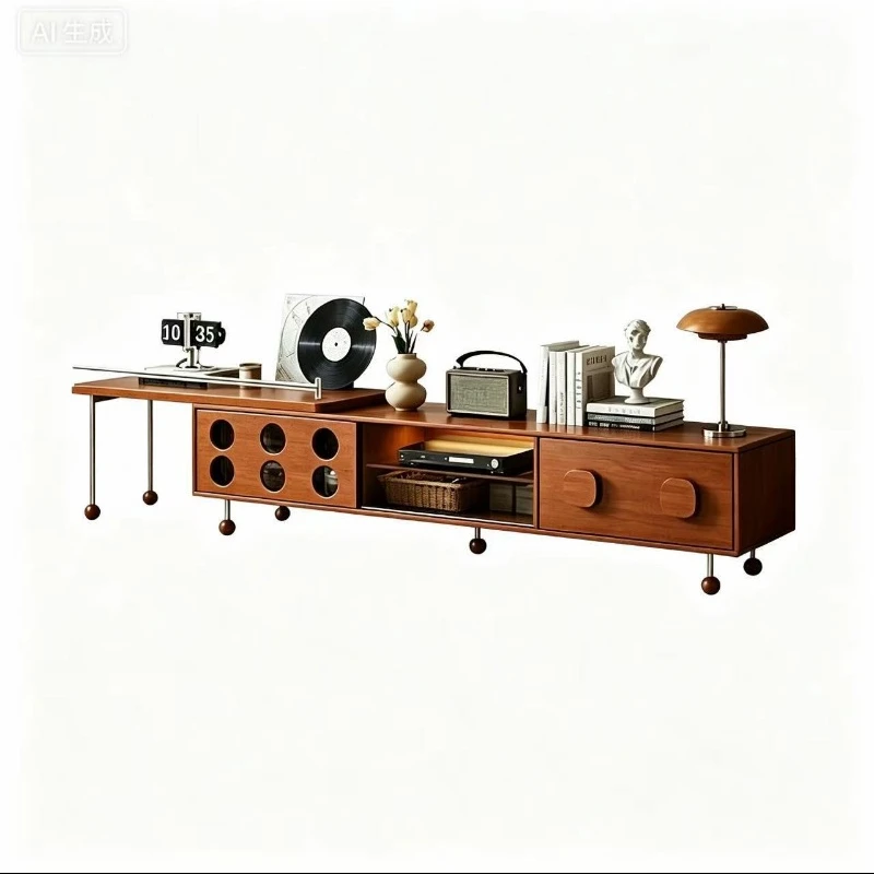 Medieval telescopic TV cabinet small apartment solid wood storage cabinet coffee table combination French retro living room home