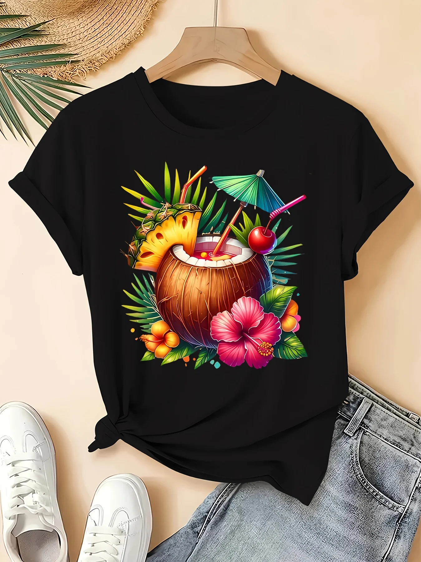 Damska koszulka w dużym rozmiarze z krótkim rękawem, z nadrukiem kwiatów, ananasów i kokosowego mleka, z okrągłym dekoltem, w stylu casual, urocza, idealna na lato.