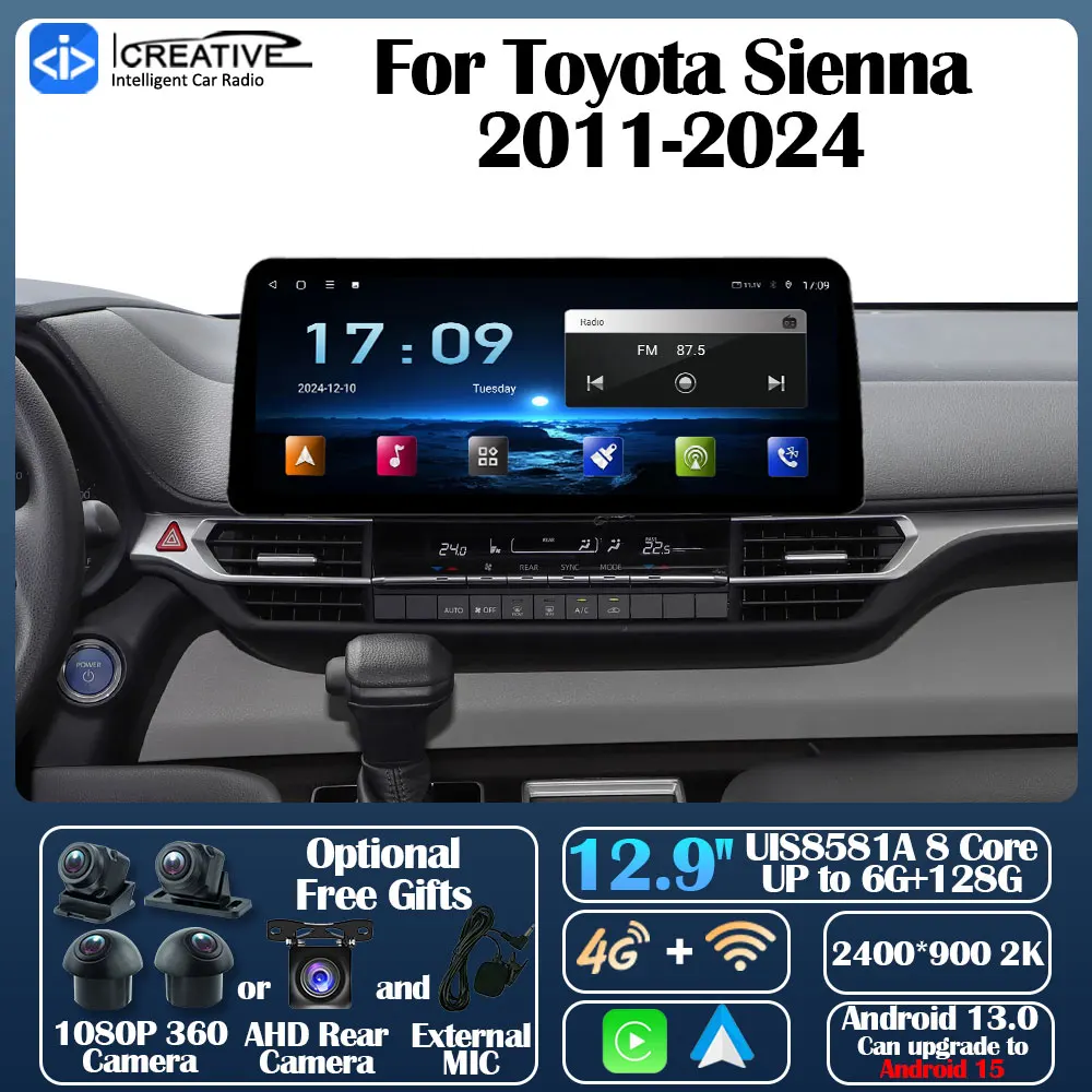 Android 13 Car Radio For Toyota Sienna 2011-2024 Ultra-thin Screen Carplay Auto Multimedia Stereo 360Camera Navi GPS Intelligent