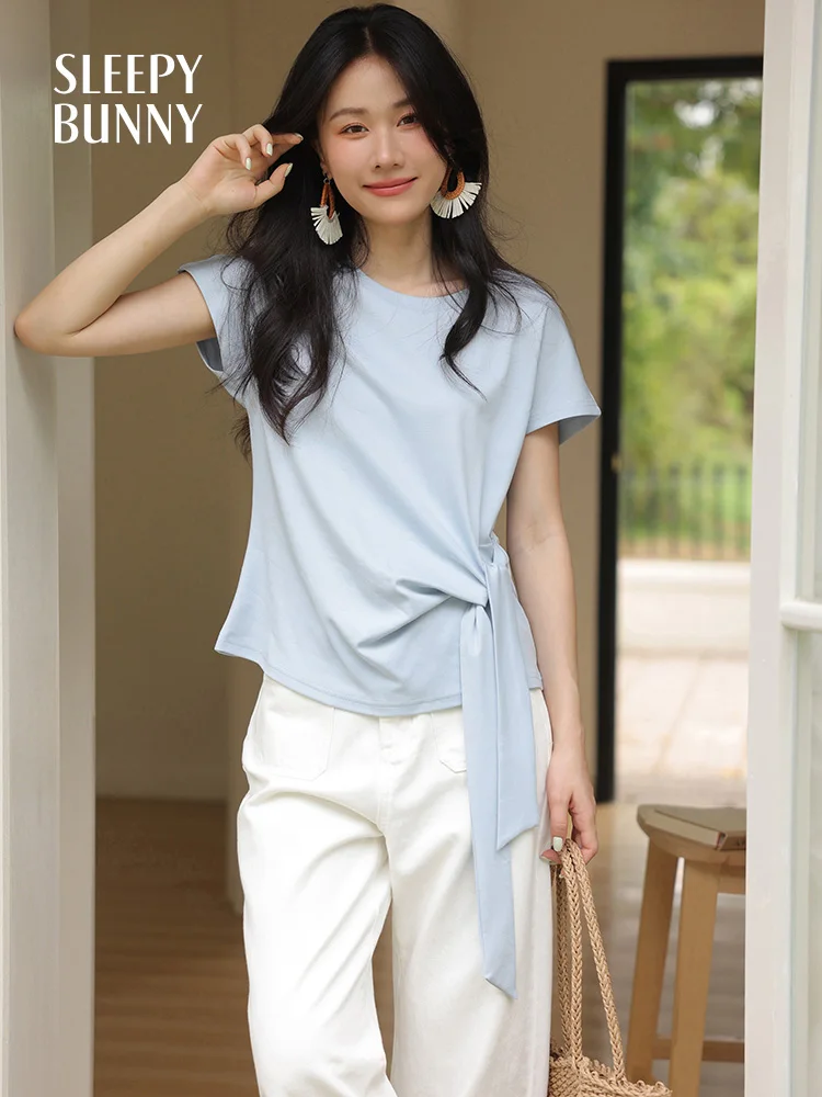 

Women’s Slim Fit T-shirt with Asymmetric Tie Design, Casual Short Sleeve Top for Stylish & Trendy Look – Perfect for Daily Wear