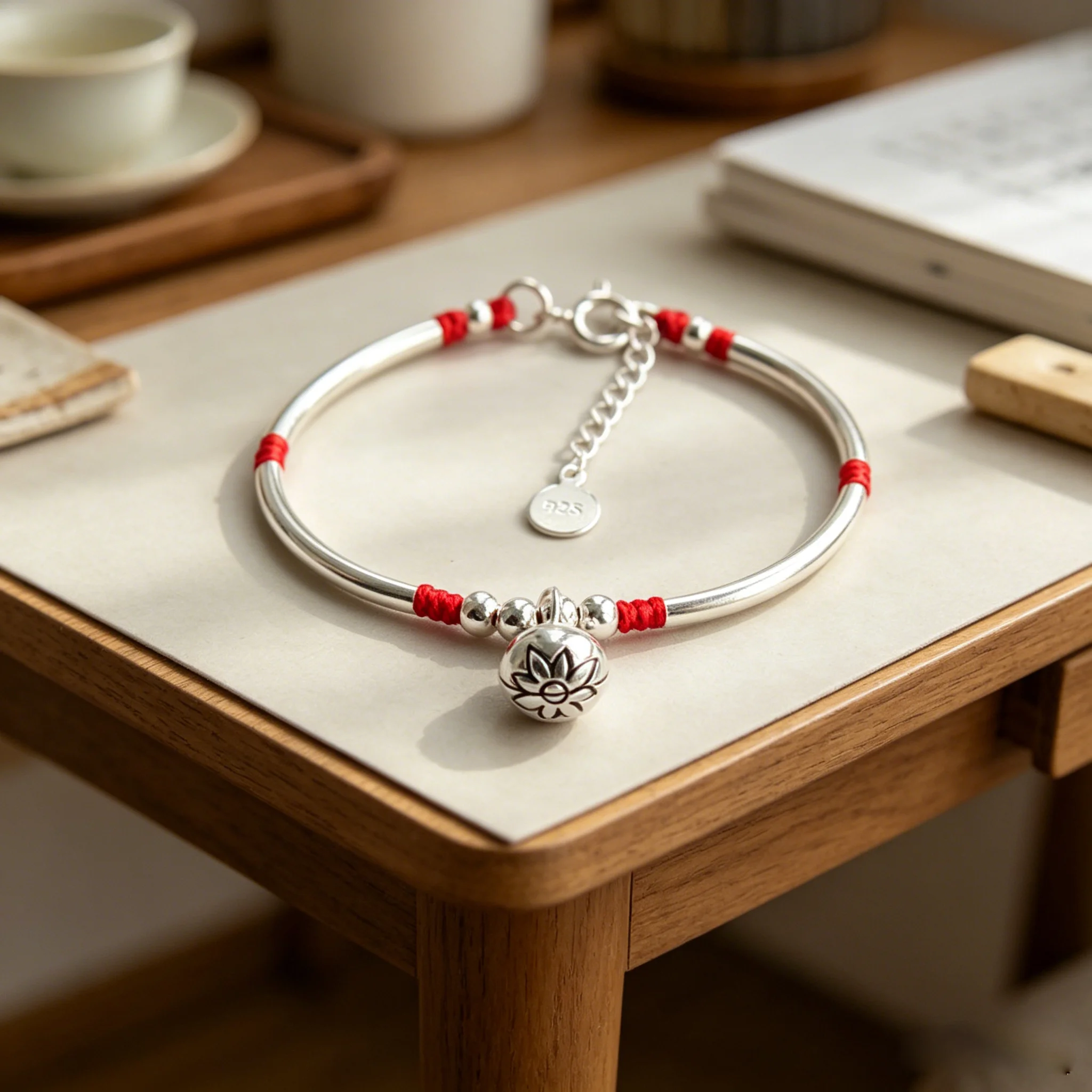 925 Sterling Silver Red Thread Bracelet For Women Handmade Bell Tube Rope Bracelet With Silver Beads Adjustable Lucky Cord