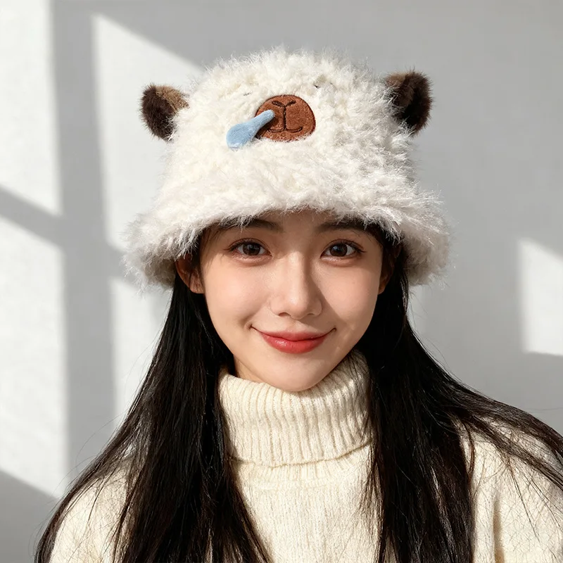 Capybara Small Ear Plush Earmuff Hat Korean Cute Warm Baotou Hat Big Head Circumference Knitted Winter Cap Slimming Face Effect