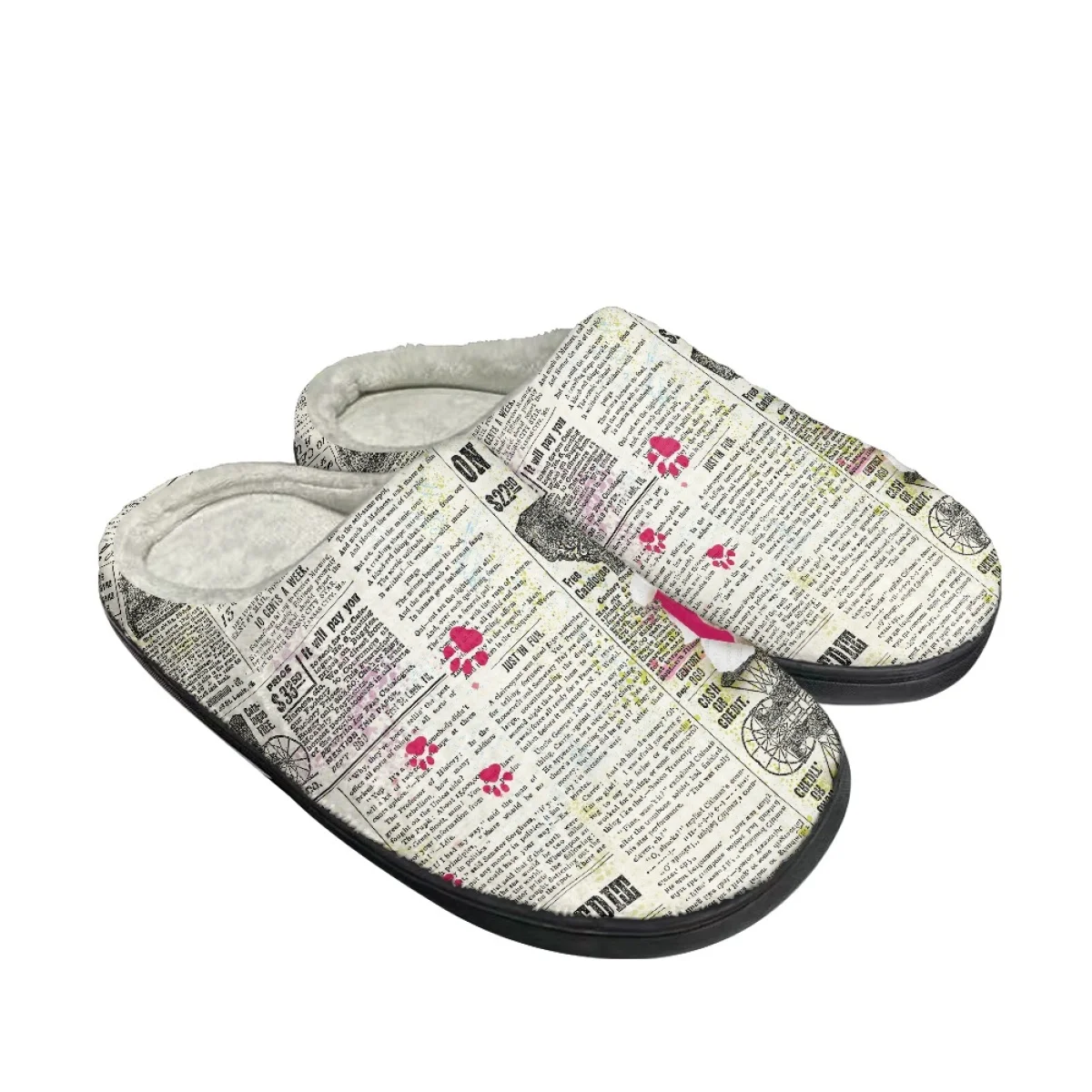 Literary Newspaper Style Cute Cat Pattern Cotton Slipper Unisex Trend Comfortable Soft Plush Shoes Dirt Resistant Non-slip Flats