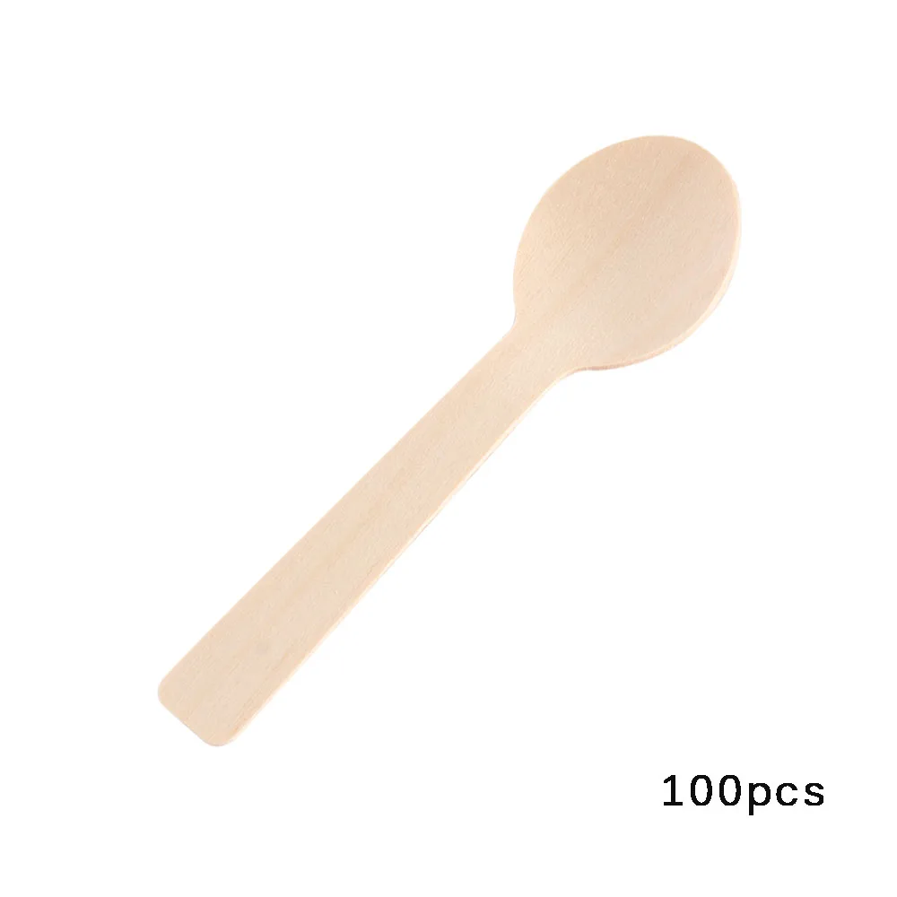 Mini cuchara de madera desechable para fiesta de helado, vajilla de cocina segura, cuchara de postre occidental de madera pequeña para boda, 100