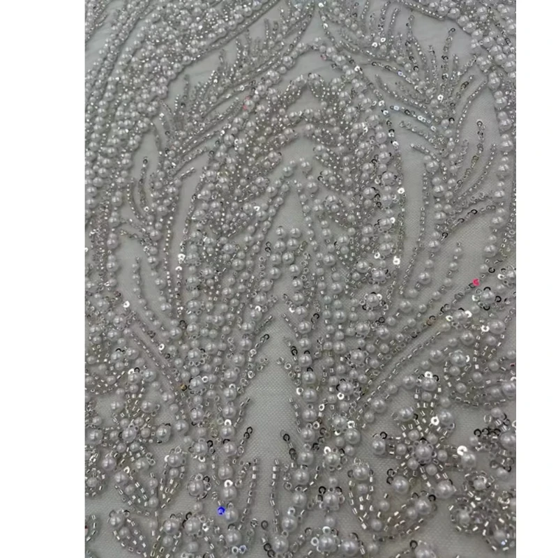 

Sequin embroidered lace fabric white bridal wedding dress evening dress tulle pearl mesh fabric