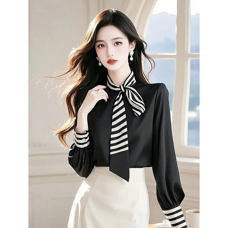 

Ladies Spring Autumn Temperament Patchwork Turtleneck Long Sleeve Blouse Women Clothes Elegant Striped Pullover Shirts Top Tee