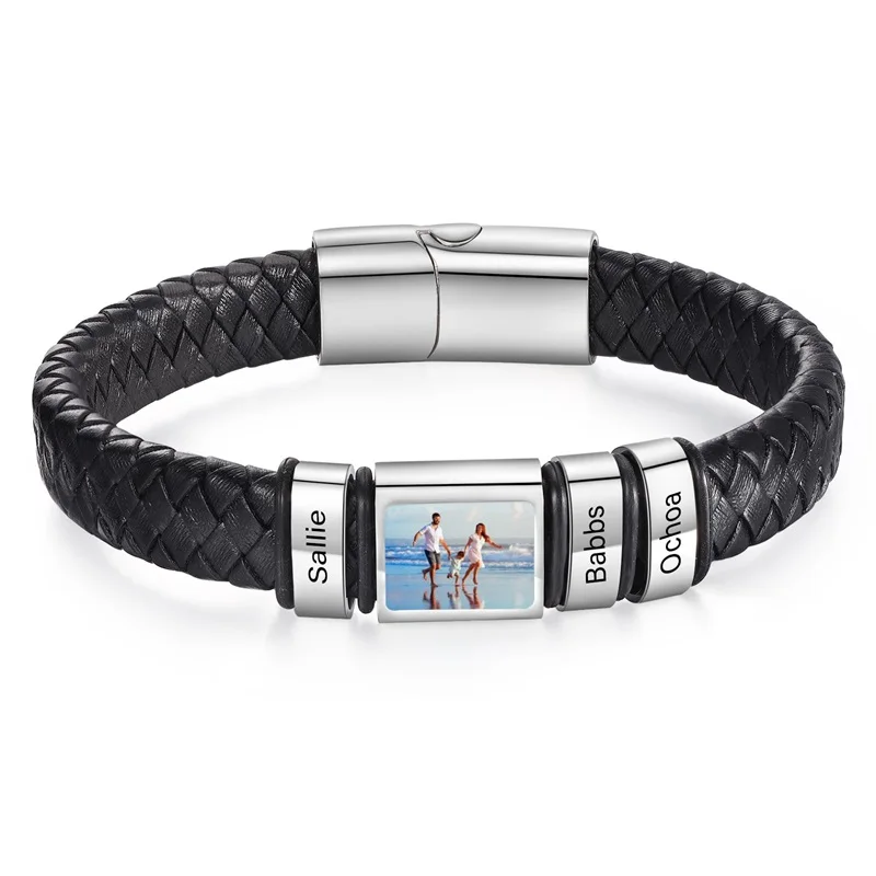 Custom Photo Bracelet for Men Personalized Picture Bracelet Leather Engraved Name Bracelet Jewelry Gift for Men Boy Husband