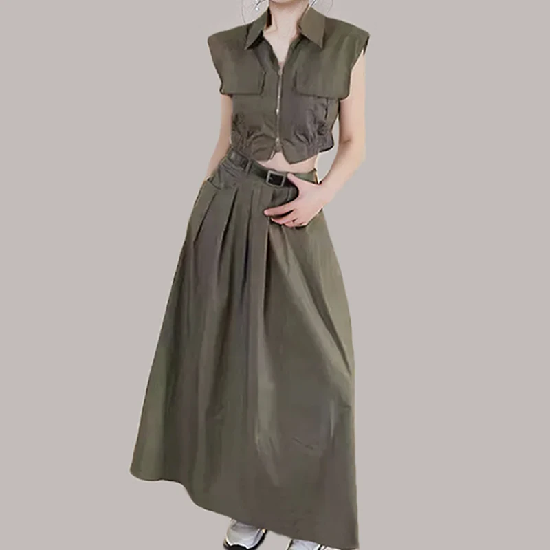 Top con gonna a pieghe SuperAen con gonna lunga da donna di fascia alta Camicia da donna Set da due pezzi