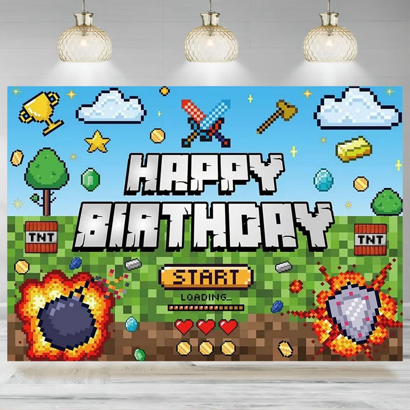 Happy Birthday Backdrop Game Party Banner Photographic background for Kids Boys Room Decor Photograph Props