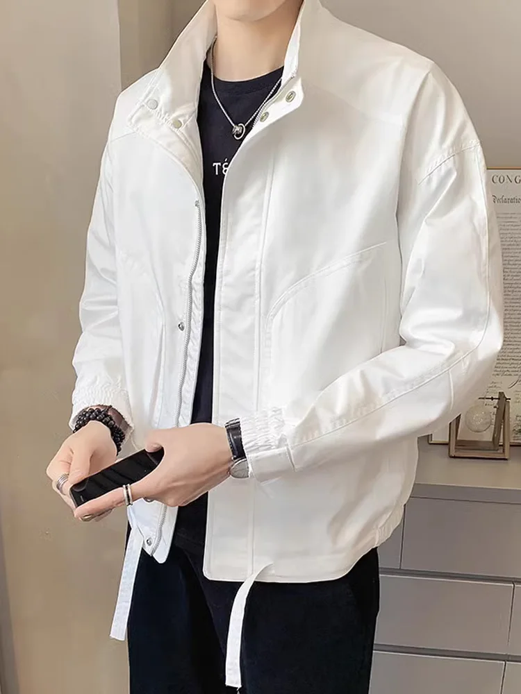 

White Casual Spring Autumn Men's Jaet Stand Collar Workwear Top Trendy High-End Feeling Pilot Coat Polyester Fabric Long Sl...