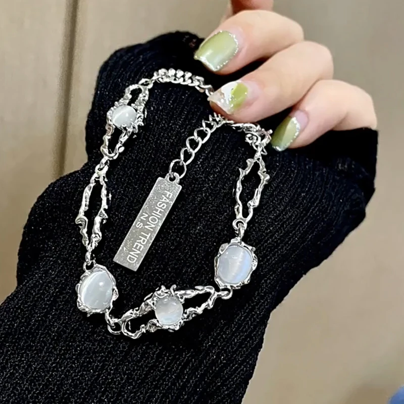 1pc Y2K INS Korean Fashion Tassel Pendant Bracelet Pulseras Gift Kiss Jewelry Kpop Titanium Steel Moonstone Bracelet For Women view 3