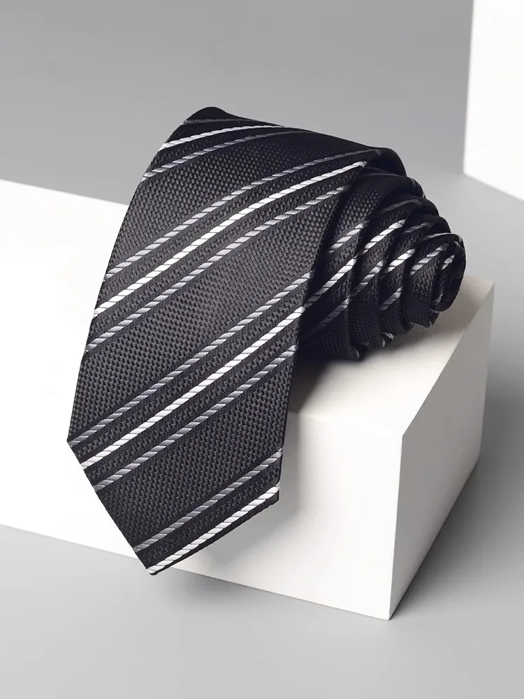 

High Quality Black Background Gray Striped Tie Men's Business Banquet Shirt Accessories Standard 7CM Handmade Knot Necktie