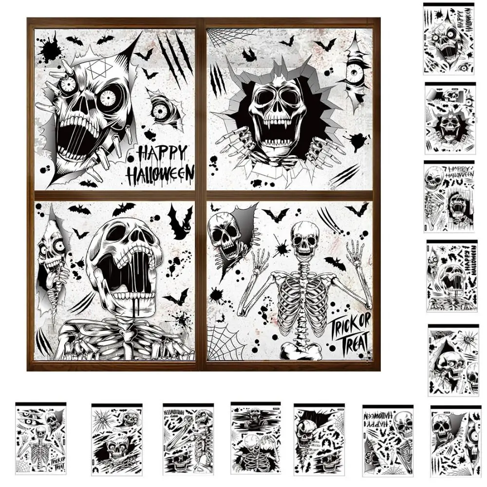 

Electrostatic Halloween Skull Window Stickers Removable Self-Adhesive Skeleton Wall Decal Large Decorative