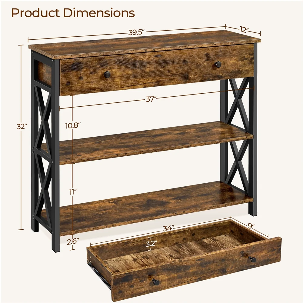 Console Table with Drawer and Storage Shelves, 3-Tier Sofa Table, Entryway Table with Metal Frame for Living Room Hallway image 3