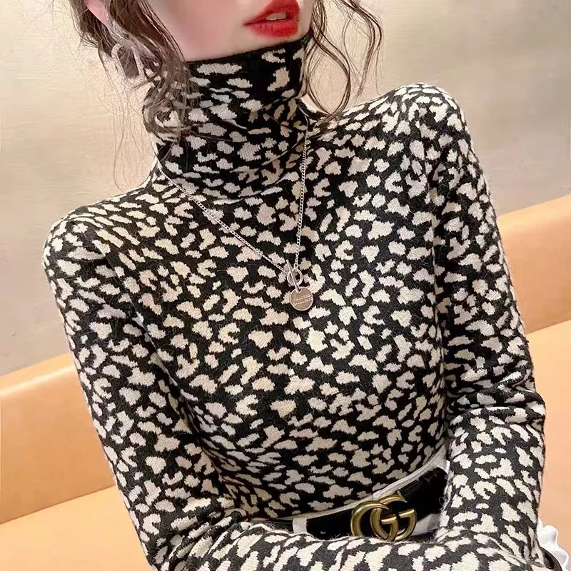 Spring Autumn Leopard Knitted Sweater Women Slim Commuting Warm Fashion Vintage Knitwear Vintage High Quality High Quality Tops